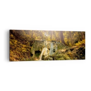 Impression sur toile - Image sur toile - Une cascade forestière sous les rayons du soleil, entourée de verdure - 140x50cm - Cascade de forêt en vert - Décoration murale moderne pour le salon et la chambre ARTTOR