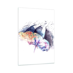 Impression sur verre - Image sur verre - Une ville colorée en arrière-plan sous un parapluie noir - 50x70cm - Se promener sous la pluie - Décoration murale moderne pour le salon et la chambre ARTTOR