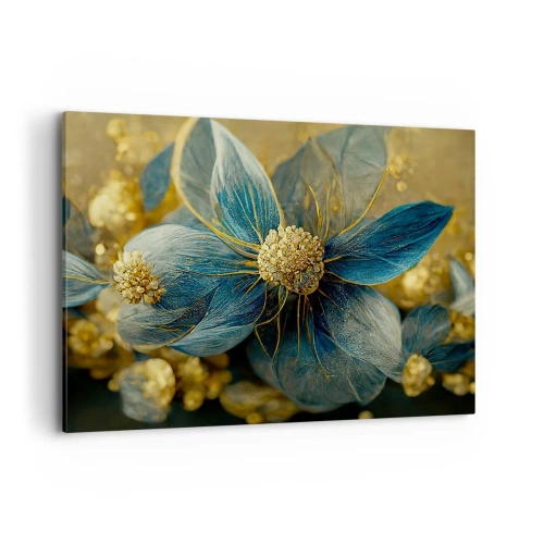 Impression sur toile - Image sur toile - Fleurs élégantes dans des tons de bleu et d'or - 100x70cm - Fleurir avec de l'or - Décoration murale moderne pour le salon et la chambre ARTTOR