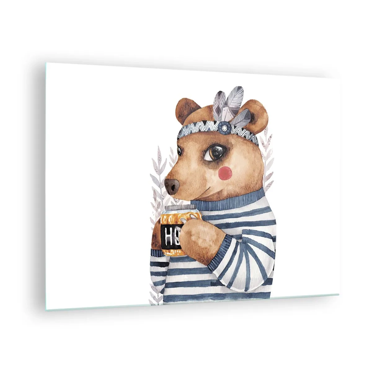 Impression sur verre - Image sur verre - Un ours en peluche rayé avec une tasse de miel et des plumes - 70x50cm - Un nounours trop mignon - Décoration murale moderne pour le salon et la chambre ARTTOR