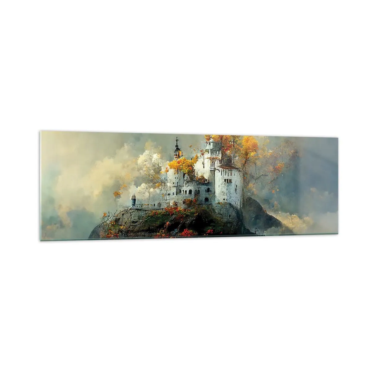 Impression sur verre - Image sur verre - Un château sur une colline entouré d'arbres d'automne - 160x50cm - Le début d'une histoire romantique - Décoration murale moderne pour le salon et la chambre ARTTOR