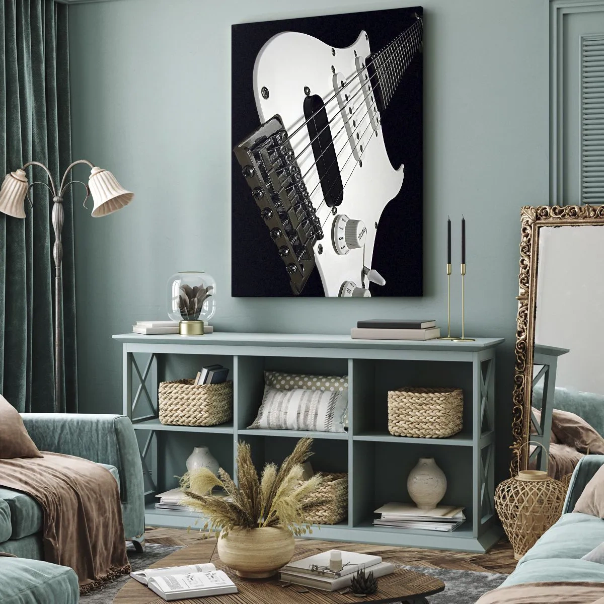 Impression sur toile - Image sur toile - Gros plan d'une guitare électrique blanche sur fond noir. - 70x100cm - Son caché en blanc - Décoration murale moderne pour le salon et la chambre ARTTOR