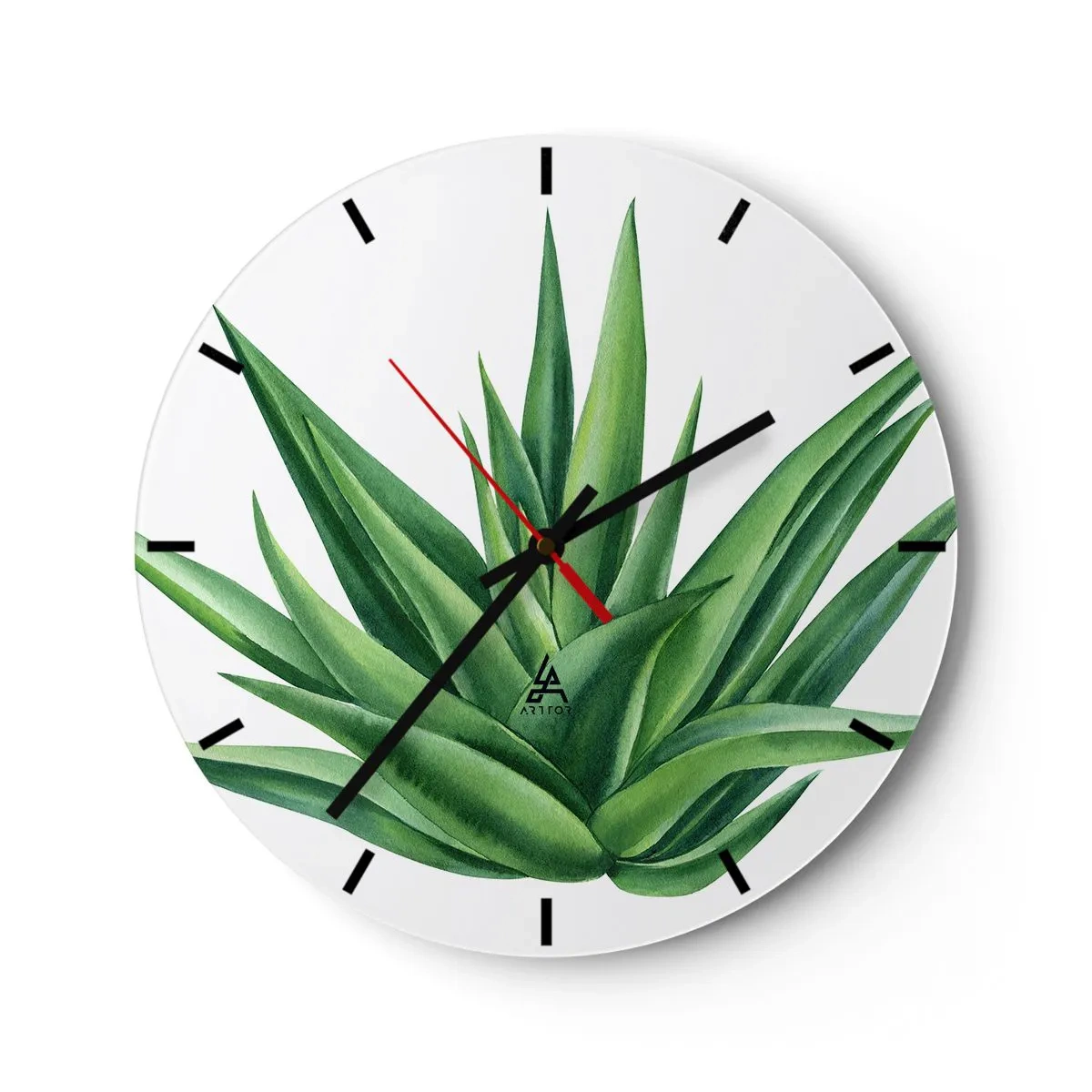Horloge murale - Pendule murale - Agave verte sur fond blanc dans un style botanique - 30x30cm - Vert – force – vie - Décoration murale moderne pour le salon, la cuisine et la chambre ARTTOR