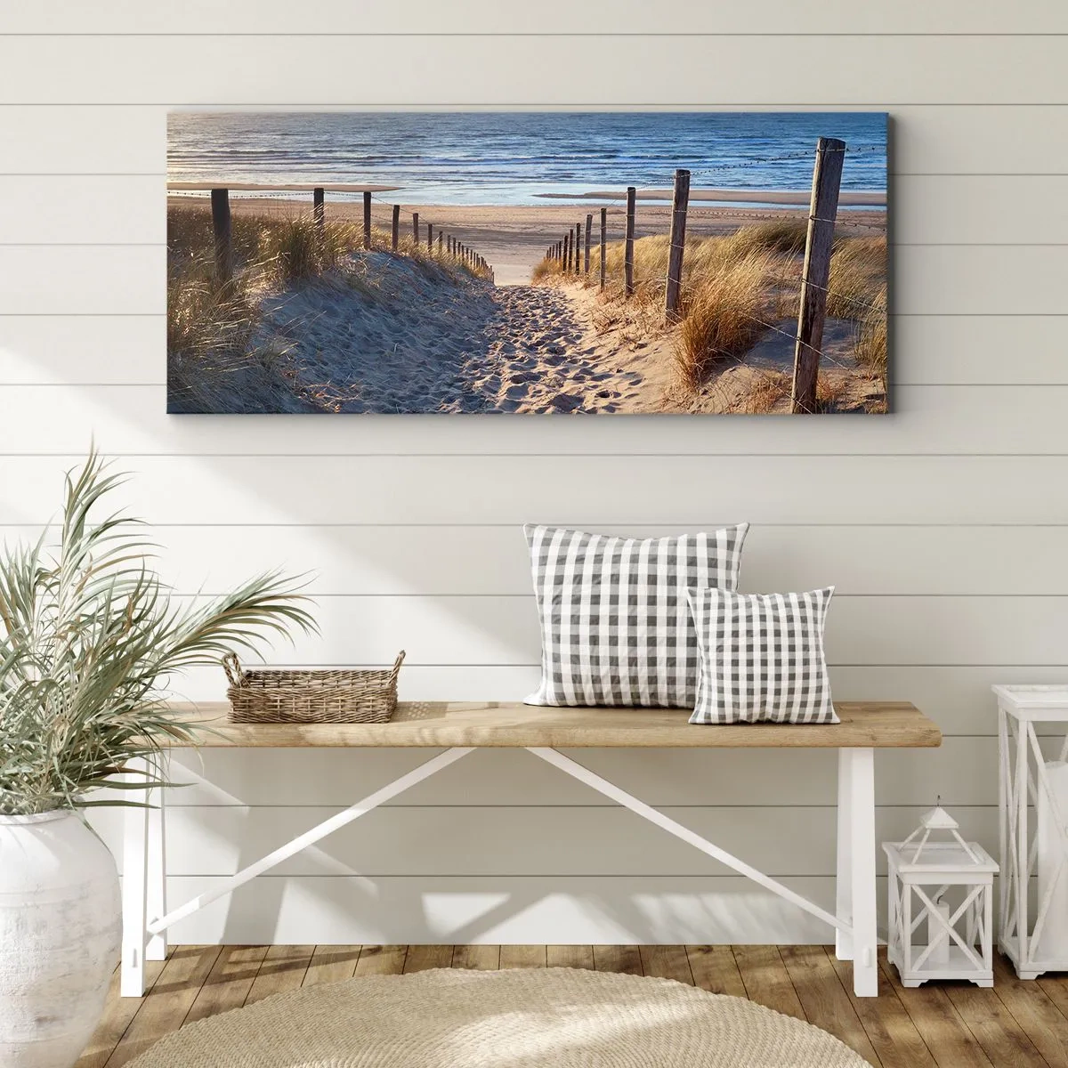 Impression sur toile - Image sur toile - Chemin à travers les dunes menant à la plage - 140x50cm - Le bruit de la mer, le chant des oiseaux, une plage sauvage parmi les herbes… - Décoration murale moderne pour le salon et la chambre ARTTOR