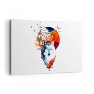 Impression sur toile - Image sur toile - Aquarelle abstraite d'un loup sur fond de lune rouge - 120x80cm - Nez à nez avec la nuit - Décoration murale moderne pour le salon et la chambre ARTTOR