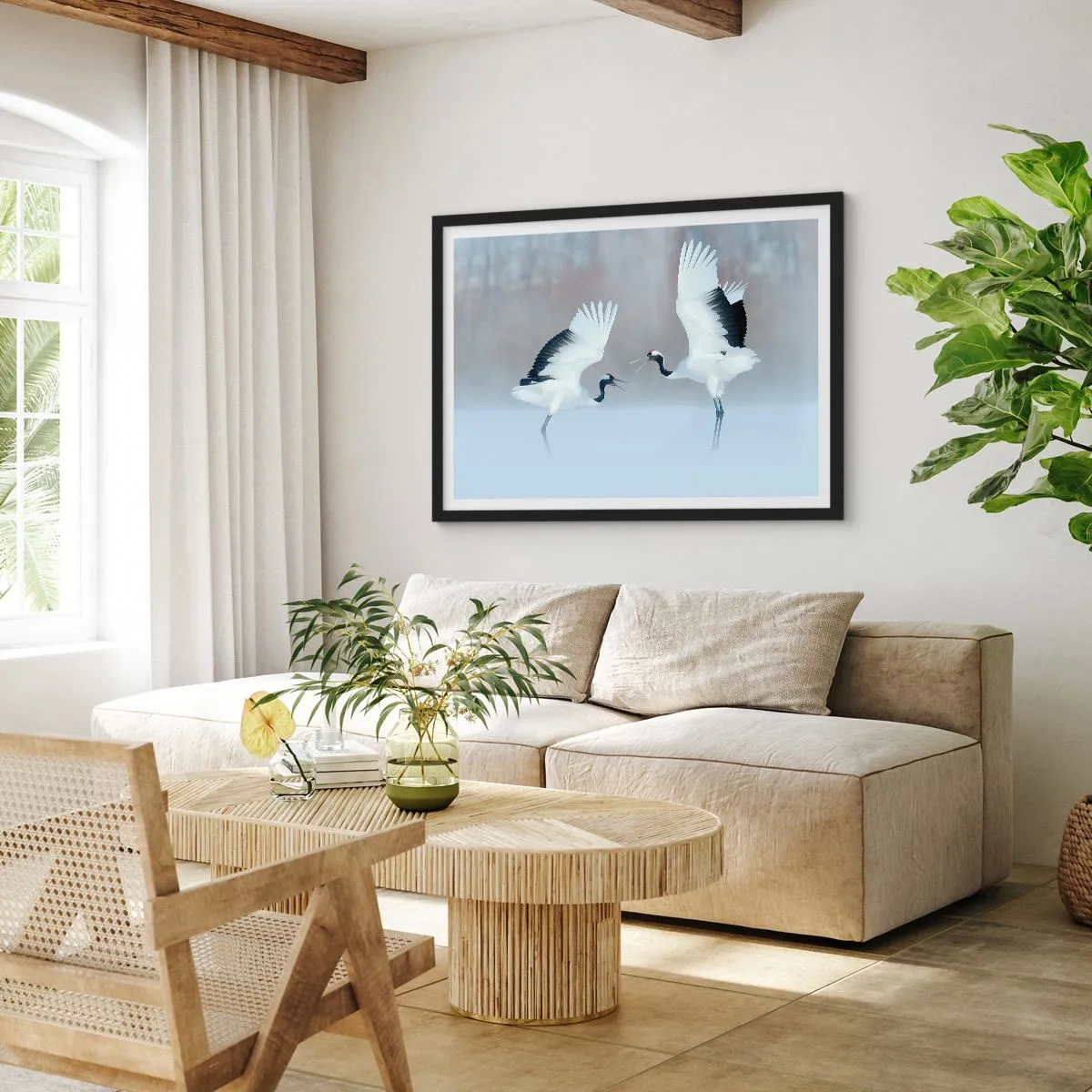 Affiche dans un cadre noir - Poster - Deux grues dansant dans un paysage brumeux - 100x70cm - Danse dans le brouillard - Décoration murale moderne pour le salon et la chambre ARTTOR