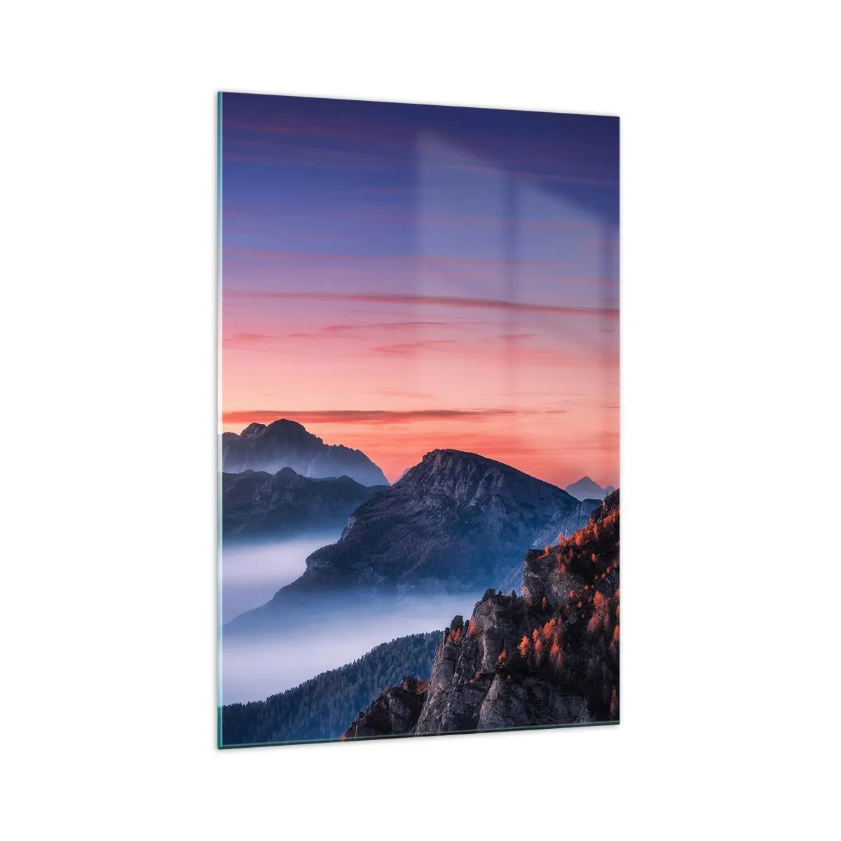 Impression sur verre - Image sur verre - Paysage de montagne au lever du soleil avec du brouillard dans les vallées - 70x100cm - Au-dessus des vallées - Décoration murale moderne pour le salon et la chambre ARTTOR