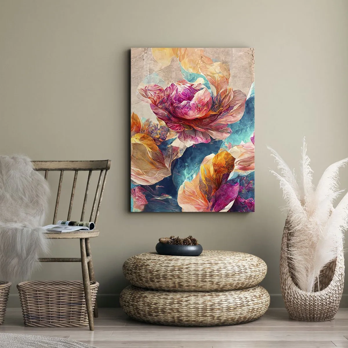 Impression sur toile - Image sur toile - Fleurs colorées sur fond beige - 80x120cm - Splendeur colorée du bouquet - Décoration murale moderne pour le salon et la chambre ARTTOR