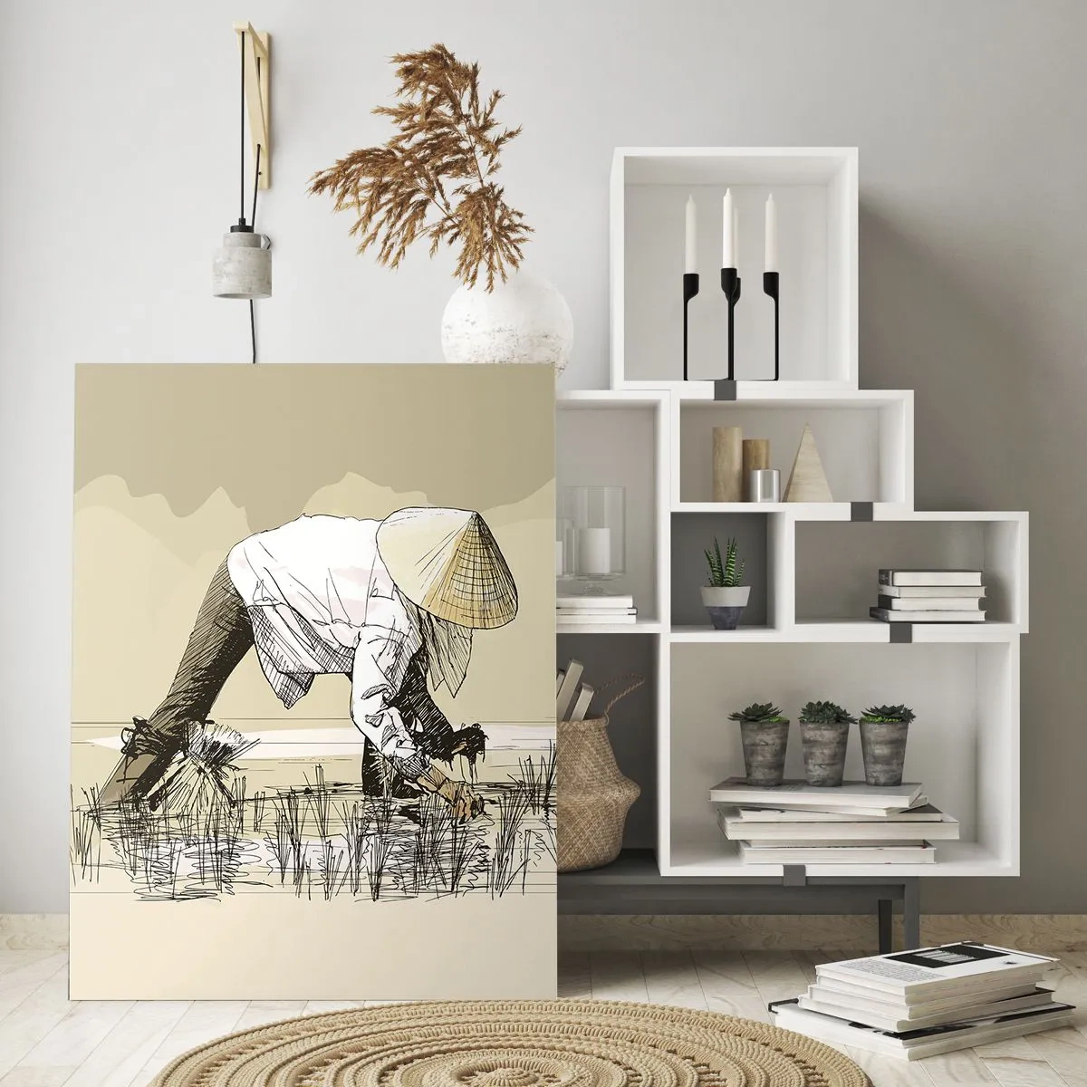 Impression sur verre - Image sur verre - Des agriculteurs travaillant dans une rizière portant des coiffures traditionnelles - 70x100cm - Récolte réussie - Décoration murale moderne pour le salon et la chambre ARTTOR