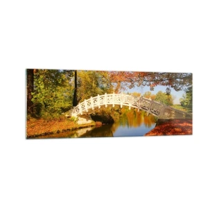 Impression sur verre - Image sur verre - Un pont dans un parc entouré de feuilles d'automne sur une eau calme - 140x50cm - Sur le pont blanc des soupirs - Décoration murale moderne pour le salon et la chambre ARTTOR