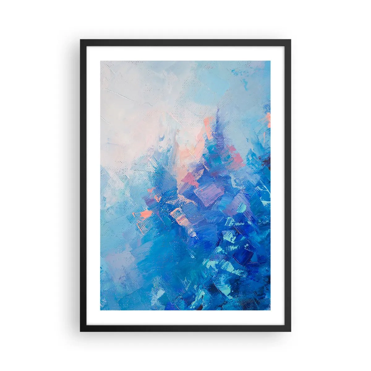 Affiche dans un cadre noir - Poster - Une composition abstraite dans les tons de bleu et de rose inspirée d'un paysage hivernal. - 50x70cm - Abstraction hivernale - Décoration murale moderne pour le salon et la chambre ARTTOR