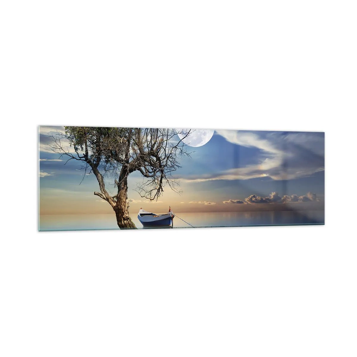 Impression sur verre - Image sur verre - Un arbre solitaire et un bateau sur une eau calme sous la pleine lune. - 160x50cm - Est-ce la fin ou le début ? - Décoration murale moderne pour le salon et la chambre ARTTOR