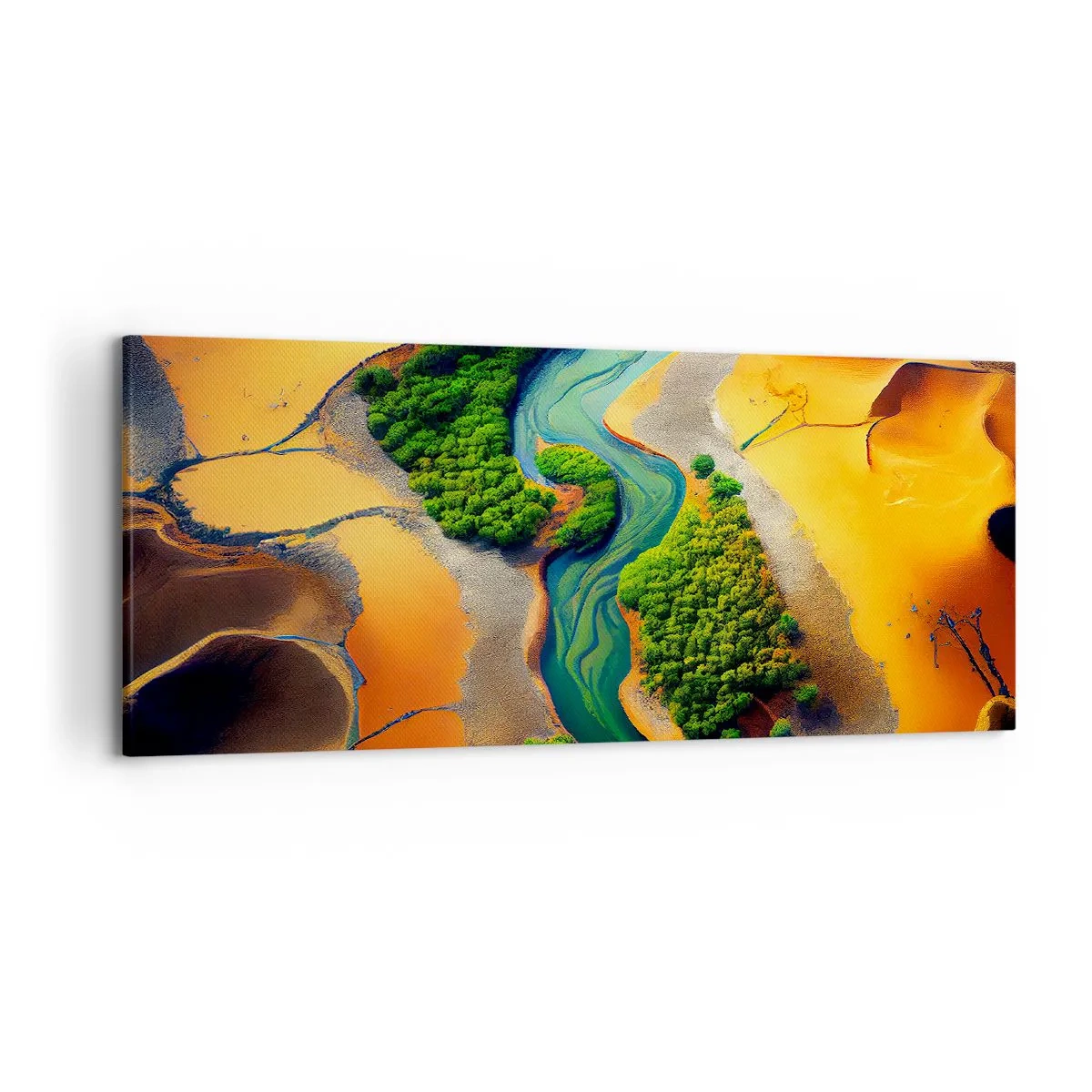 Impression sur toile - Image sur toile - Une rivière verte entourée de sable doré et de végétation - 120x50cm - Rivière vivifiante - Décoration murale moderne pour le salon et la chambre ARTTOR