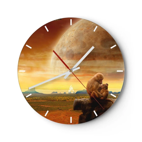 Horloge murale - Pendule murale - Des singes dans un paysage cosmique avec une énorme lune en arrière-plan - 30x30cm - L'amour est le même partout - Décoration murale moderne pour le salon, la cuisine et la chambre ARTTOR