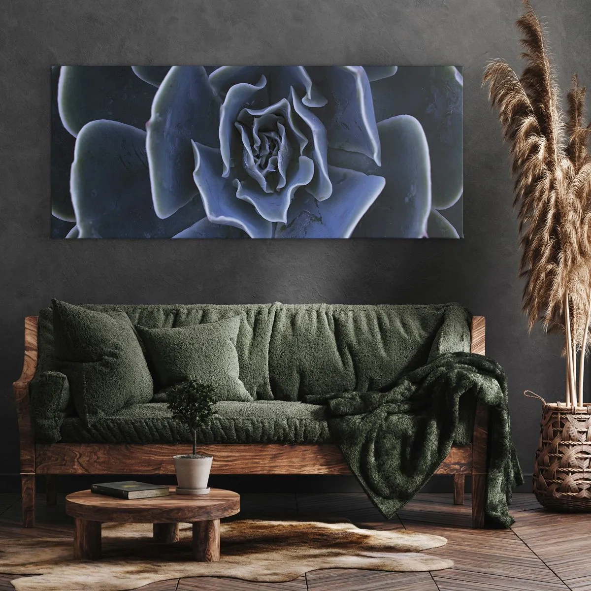 Impression sur toile - Image sur toile - Gros plan d'une rosette succulente verte - 120x50cm - Fleur du désert - Décoration murale moderne pour le salon et la chambre ARTTOR