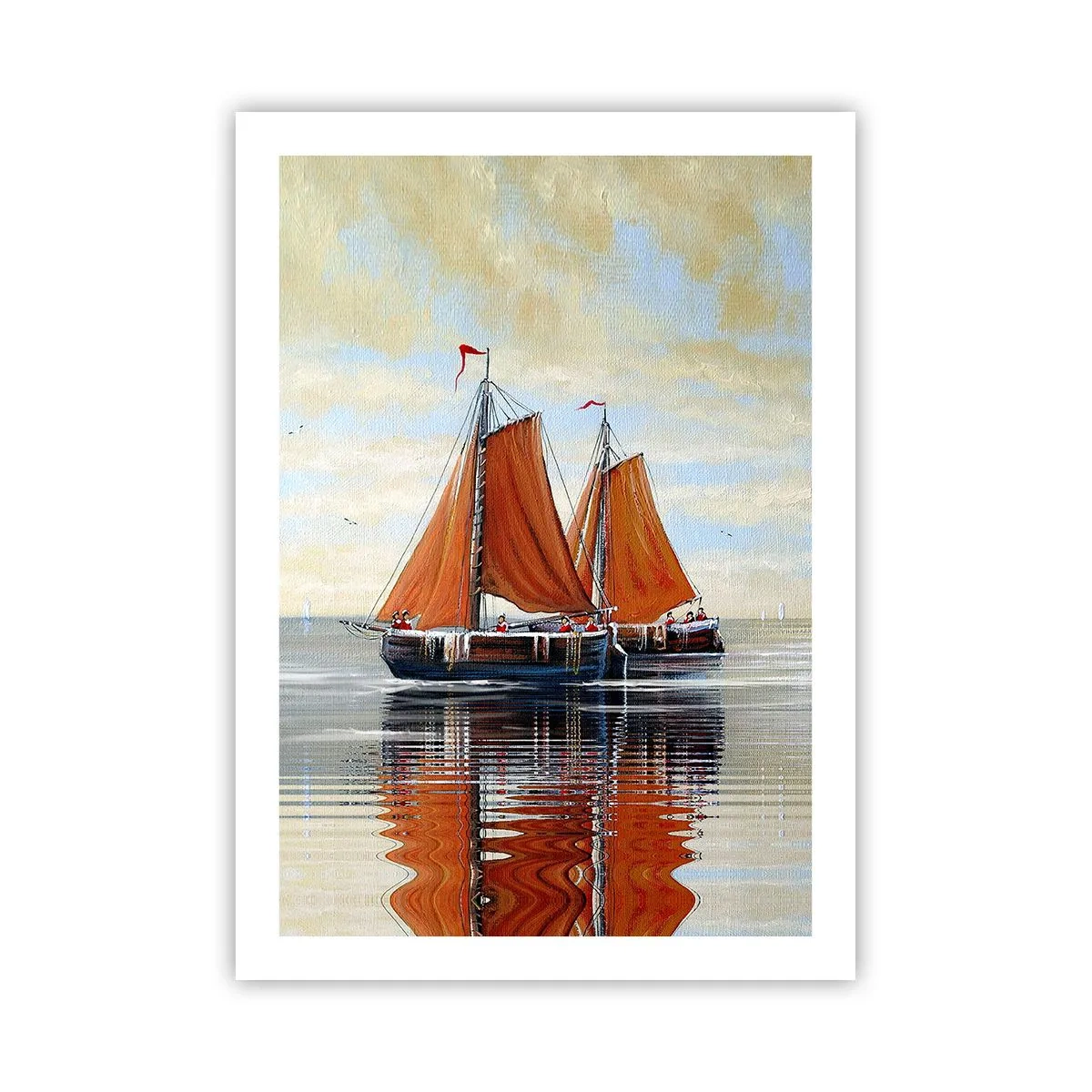 Affiche - Poster - Voiliers sur eau calme avec voiles rouges - 50x70cm - He, navigue, marin - Décoration murale moderne pour le salon et la chambre ARTTOR