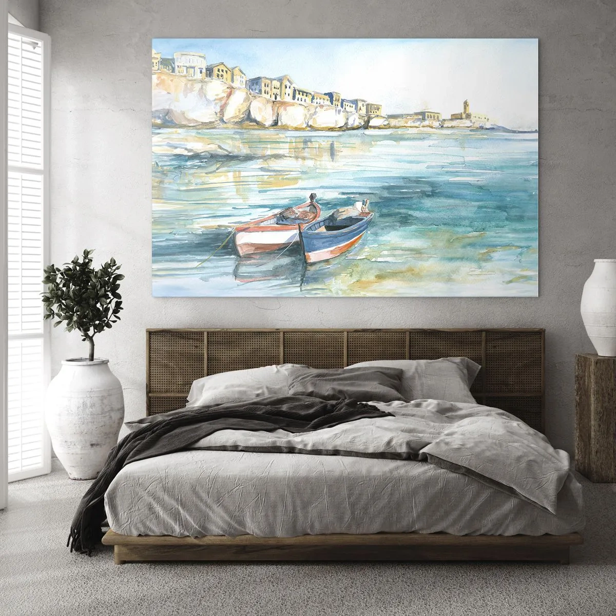 Impression sur verre - Image sur verre - Une baie aigue-marine avec des bateaux et des bâtiments sur la falaise - 70x50cm - Paysage dans l'azur - Décoration murale moderne pour le salon et la chambre ARTTOR