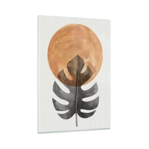 Impression sur verre - Image sur verre - Feuille de Monstera et cercle doré sur fond clair - 80x120cm - Toujours le soleil - Décoration murale moderne pour le salon et la chambre ARTTOR