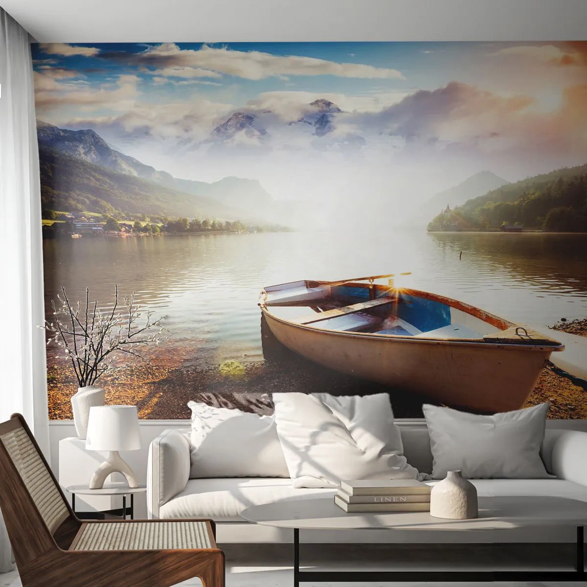 Papier Peint Autocollant Deluxe Sticker - Au bord de la grande et limpide eau - Paysage, Lac, Montagnes - 250x175 cm