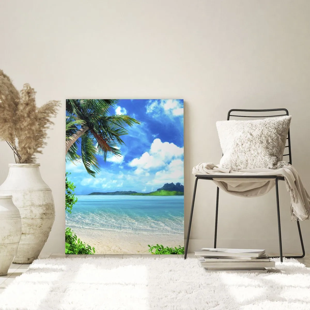 Impression sur verre - Image sur verre - Plage tropicale avec palmiers et vue sur l'île - 80x120cm - L'azur des tropiques - Décoration murale moderne pour le salon et la chambre ARTTOR