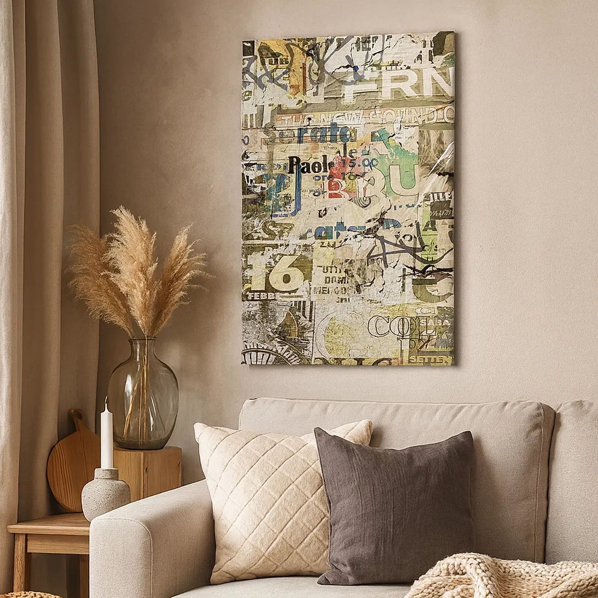 Impression sur toile - Image sur toile - Un collage de fragments de journaux et d'affiches dans un style artistique. - 50x70cm - Oh, il se passe quelque chose... - Décoration murale moderne pour le salon et la chambre ARTTOR