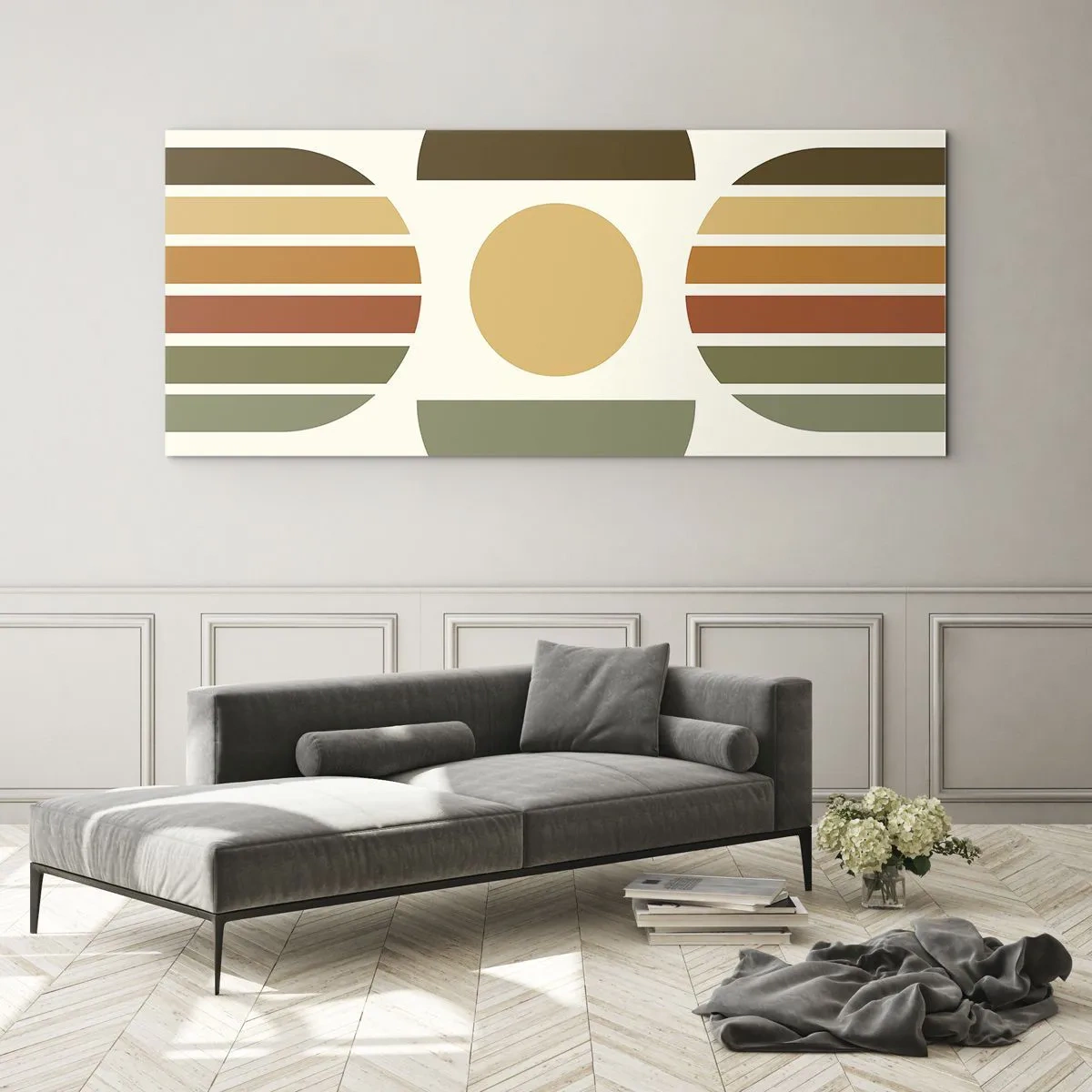Impression sur verre - Image sur verre - Composition géométrique avec des demi-cercles et des rayures dans des tons terreux - 140x50cm - Dans les coulaurs de la terre - Décoration murale moderne pour le salon et la chambre ARTTOR
