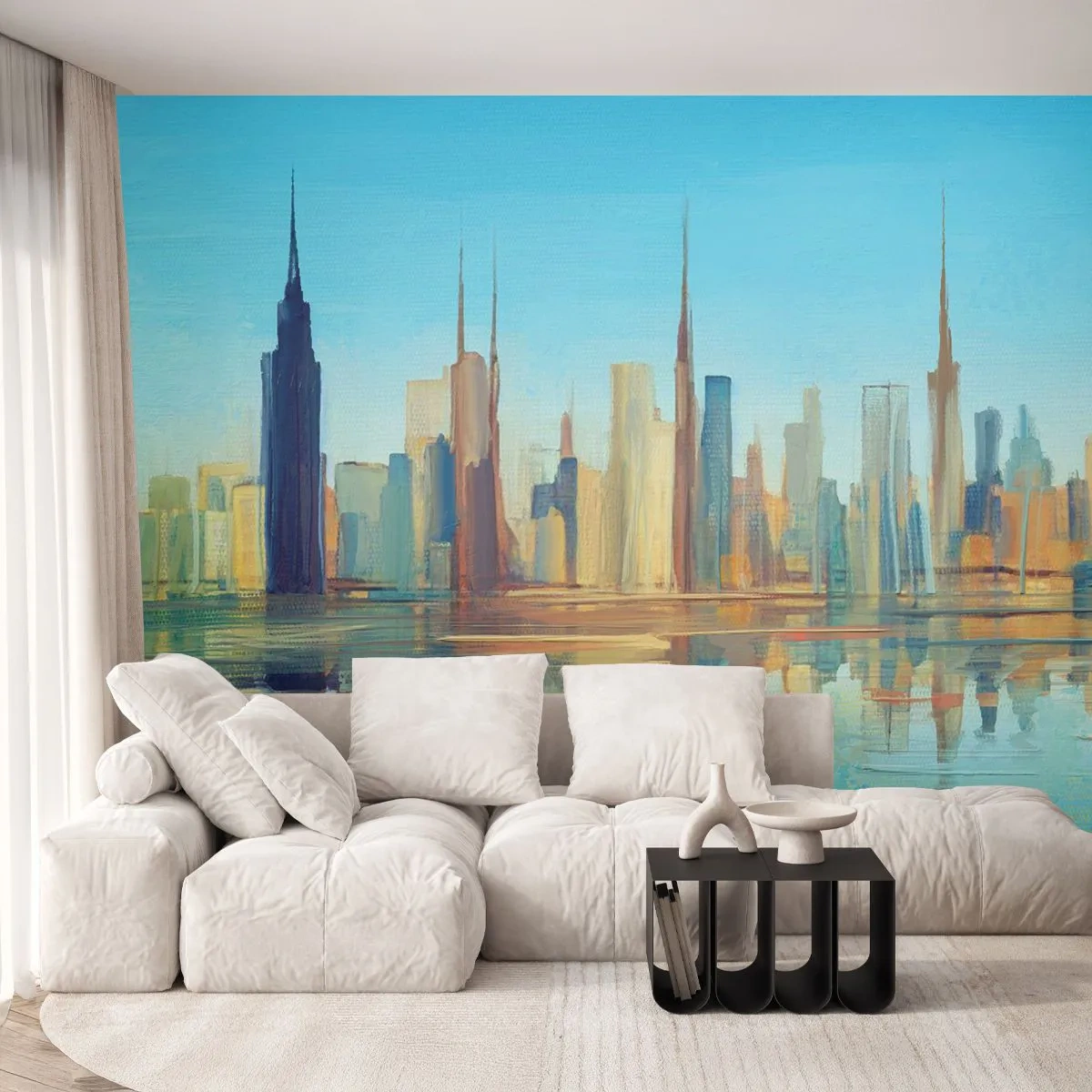Papier Peint Photo Premium Sand - Le panorama de la métropole se reflète dans l'eau aux couleurs chaudes - 100x70cm - Une métropole ensoleillée - Décoration murale moderne pour le salon et la chambre ARTTOR