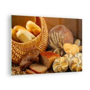 Impression sur verre - Image sur verre - Un panier de pain et de miches sur fond d'épis de céréales - 70x50cm - On s'en est encore sorti - Décoration murale moderne pour le salon et la chambre ARTTOR