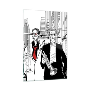 Impression sur verre - Image sur verre - Illustration de musiciens de jazz sur fond urbain - 80x120cm - Rhapsodie urbaine en noir et rouge - Décoration murale moderne pour le salon et la chambre ARTTOR