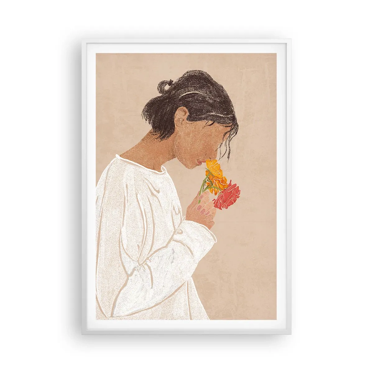 Affiche dans un cadre blanc - Poster - Fille et fleurs - 70x100 cm