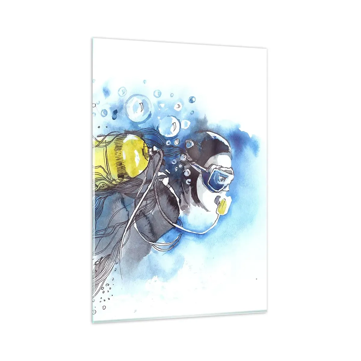 Impression sur verre - Image sur verre - Scène sous-marine avec un plongeur et des poissons exotiques - 80x120cm - Le grand bleu - Décoration murale moderne pour le salon et la chambre ARTTOR