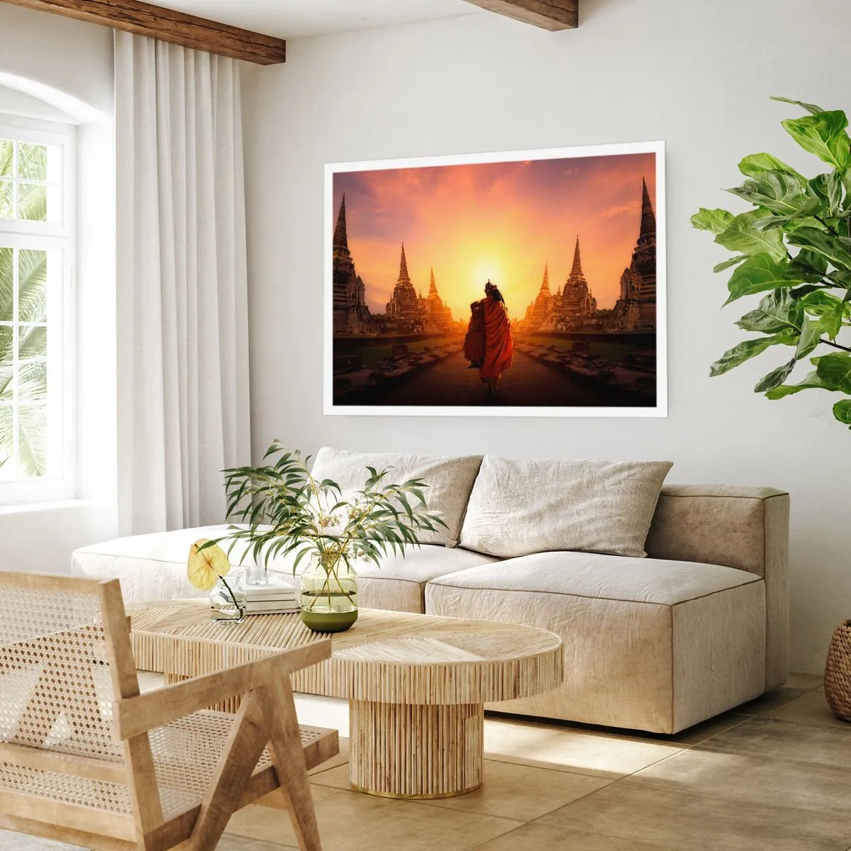 Affiche - Poster - Un moine parmi les temples au coucher du soleil - 100x70cm - En paix pour l'éternité - Décoration murale moderne pour le salon et la chambre ARTTOR