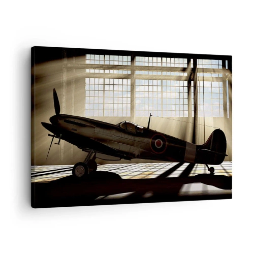 Impression sur toile - Image sur toile - Un avion historique dans un hangar éclairé par la lumière du soleil - 70x50cm - Le repos du guerrier - Décoration murale moderne pour le salon et la chambre ARTTOR