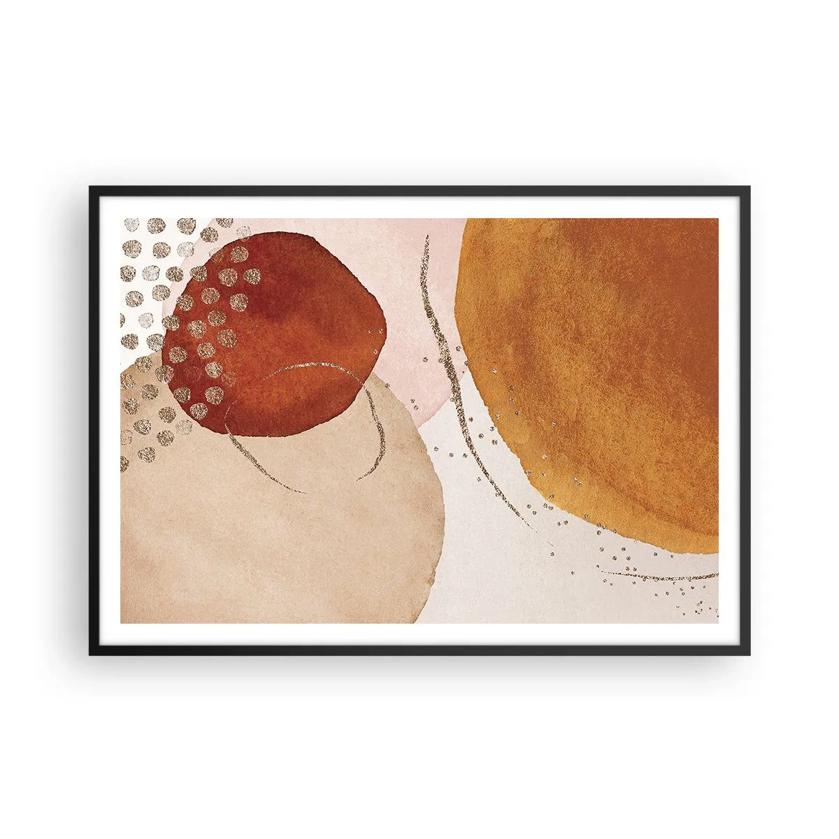 Affiche dans un cadre noir - Poster - Formes abstraites dans des tons chauds de marron et d'or - 100x70cm - Rondeur et mouvement - Décoration murale moderne pour le salon et la chambre ARTTOR