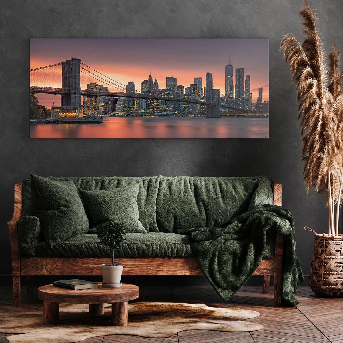 Impression sur toile - Image sur toile - Panorama nocturne de la ville avec un pont et un ciel illuminé - 140x50cm - Immergé dans le silence lilas - Décoration murale moderne pour le salon et la chambre ARTTOR