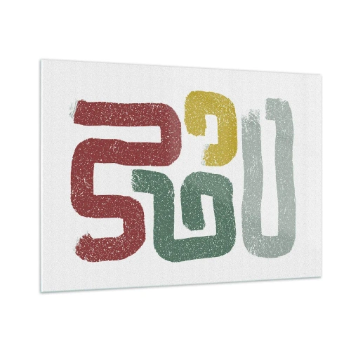 Impression sur verre - Image sur verre - Signes abstraits colorés sur fond blanc - 100x70cm - Dans une langue inconnue - Décoration murale moderne pour le salon et la chambre ARTTOR