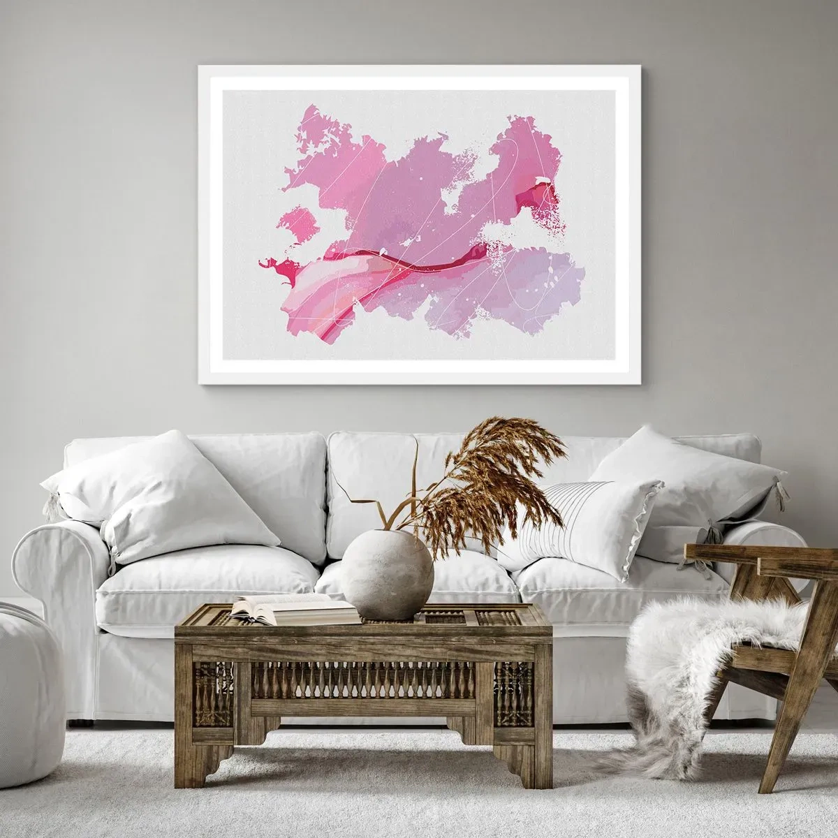 Affiche dans un cadre blanc - Poster - Carte du monde rose - 100x70 cm