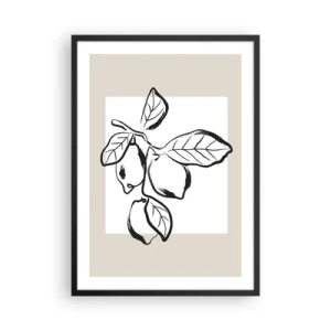 Affiche dans un cadre noir - Poster - Une illustration minimaliste d'une branche de citron dans un style noir et blanc. - 50x70cm - Où mûrit le citron… - Décoration murale moderne pour le salon et la chambre ARTTOR