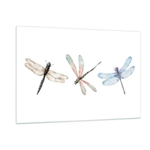 Impression sur verre - Image sur verre - Trois libellules colorées sur fond blanc dans un style aquarelle délicat - 120x80cm - Libellules en apesanteur - Décoration murale moderne pour le salon et la chambre ARTTOR