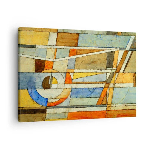 Impression sur toile - Image sur toile - Abstraction géométrique dans les tons beige, bleu et orange - 70x50cm - Cubisme sur le chantier - Décoration murale moderne pour le salon et la chambre ARTTOR