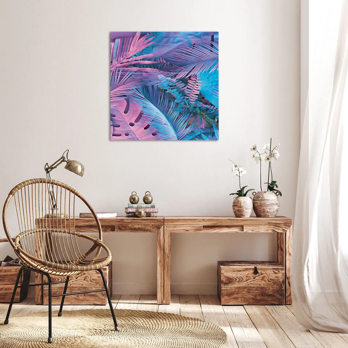 Impression sur toile - Image sur toile - Les tropiques en rose et bleu - 50x50 cm