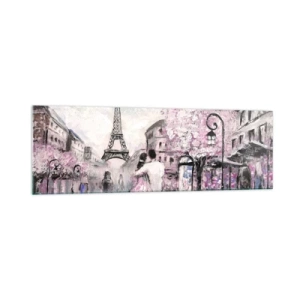 Impression sur verre - Image sur verre - Une promenade romantique à Paris près de la Tour Eiffel - 160x50cm - Comment tomber amoureu, il faut juste... - Décoration murale moderne pour le salon et la chambre ARTTOR