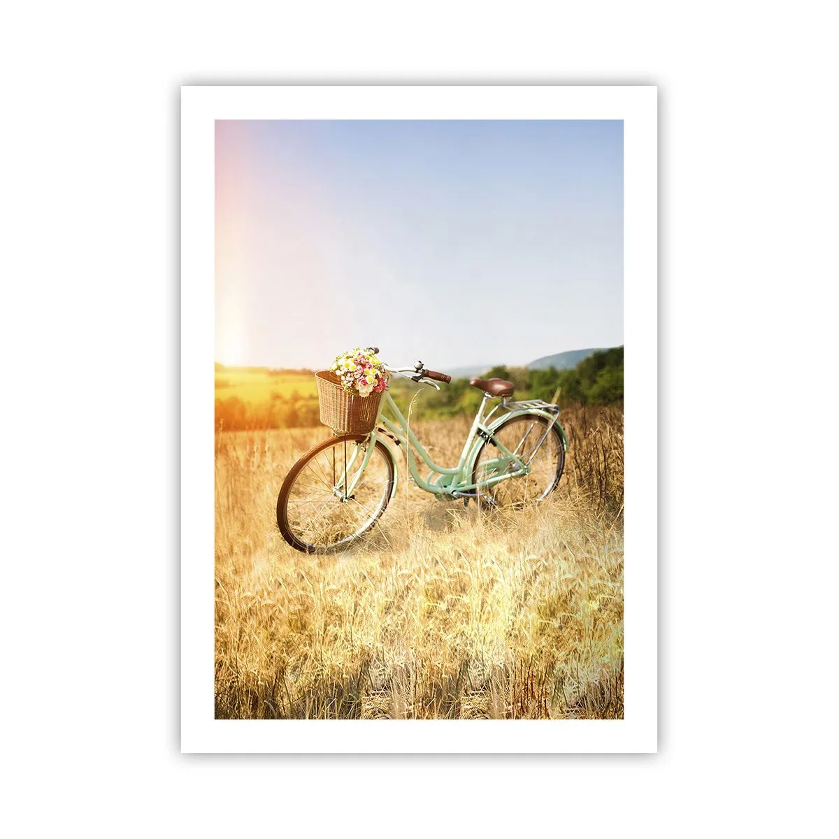 Affiche - Poster - Un vélo avec un panier rempli de fleurs dans un pré - 50x70cm - Je vais rester un petit moment - Décoration murale moderne pour le salon et la chambre ARTTOR