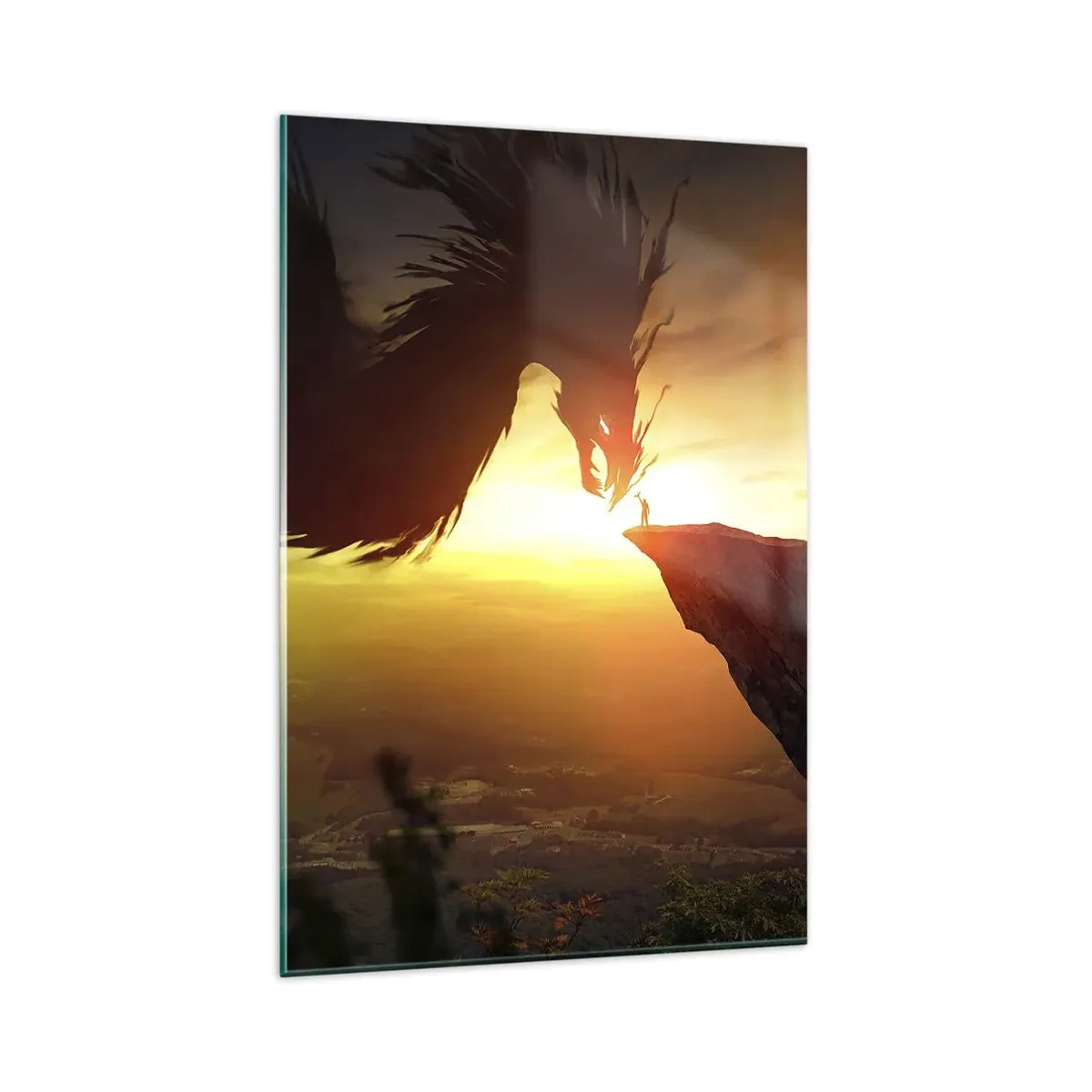 Impression sur verre - Image sur verre - Un dragon et un homme sur un rocher dans la lueur du soleil couchant - 80x120cm - Chasseur de dragon - Décoration murale moderne pour le salon et la chambre ARTTOR