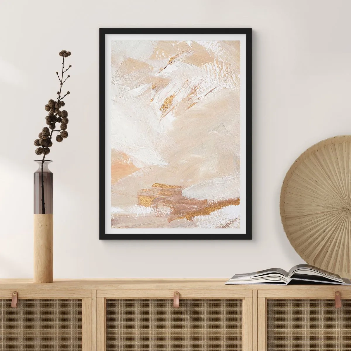 Affiche dans un cadre noir - Poster - Coups de pinceau abstraits en beige et or - 50x70cm - Composition pastel - Décoration murale moderne pour le salon et la chambre ARTTOR
