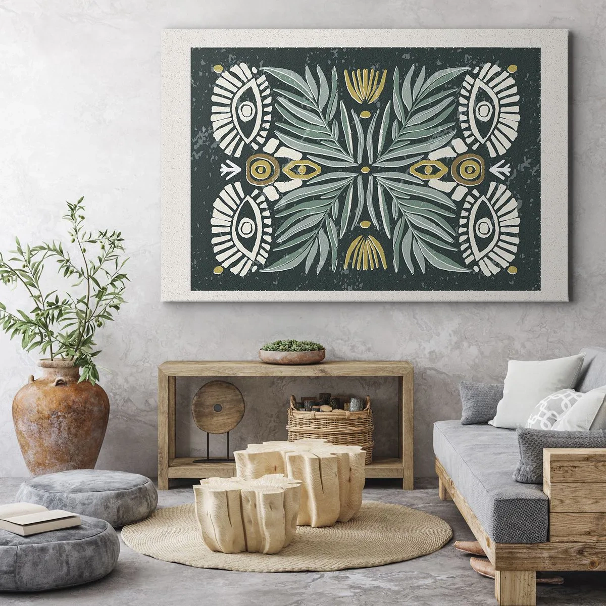 Impression sur toile - Image sur toile - Motif végétal symétrique sur fond vert - 70x50cm - Comme une découpe folklorique - Décoration murale moderne pour le salon et la chambre ARTTOR