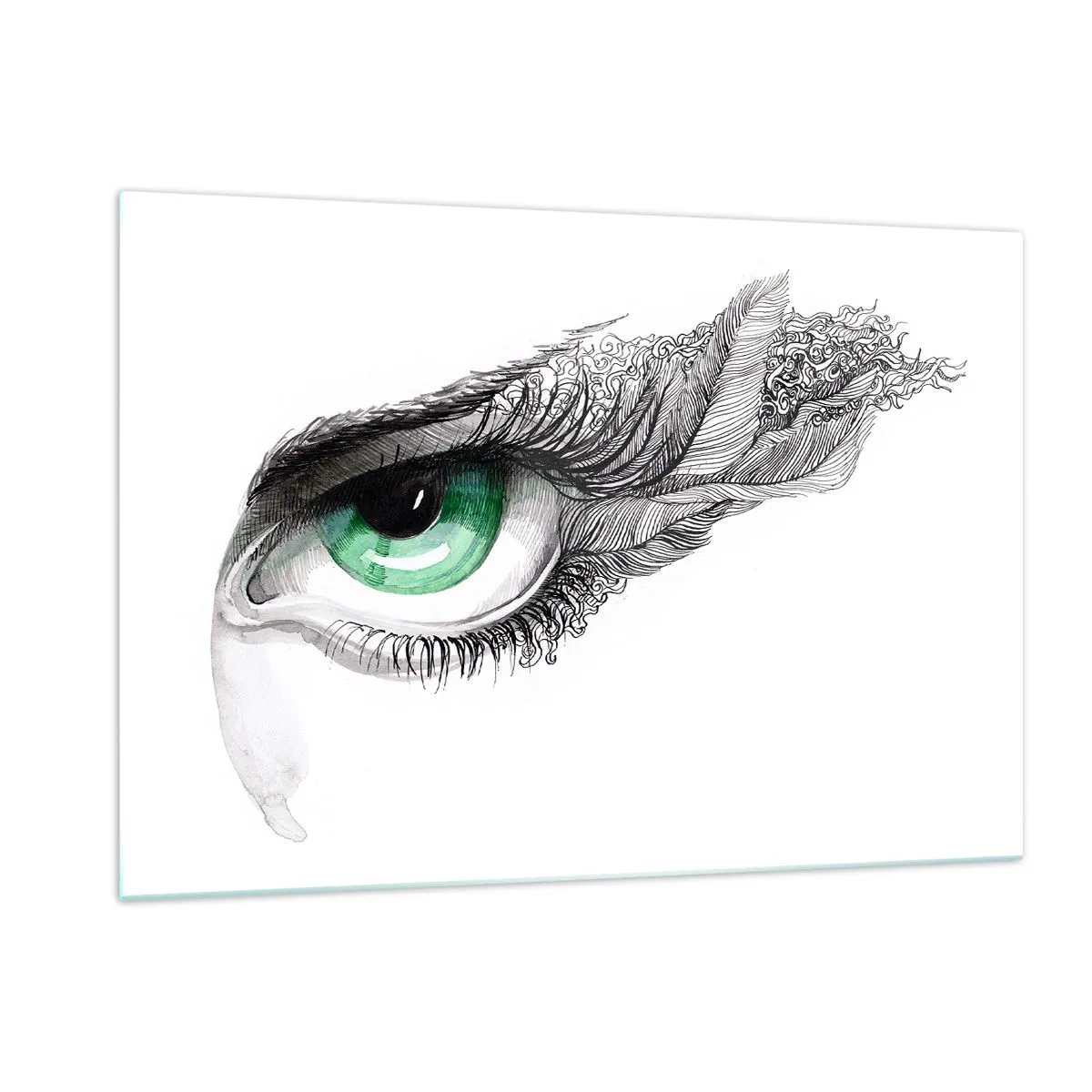 Impression sur verre - Image sur verre - Oeil vert avec détails de plumes et motifs abstraits - 120x80cm - Belle et prête à l'attaque - Décoration murale moderne pour le salon et la chambre ARTTOR
