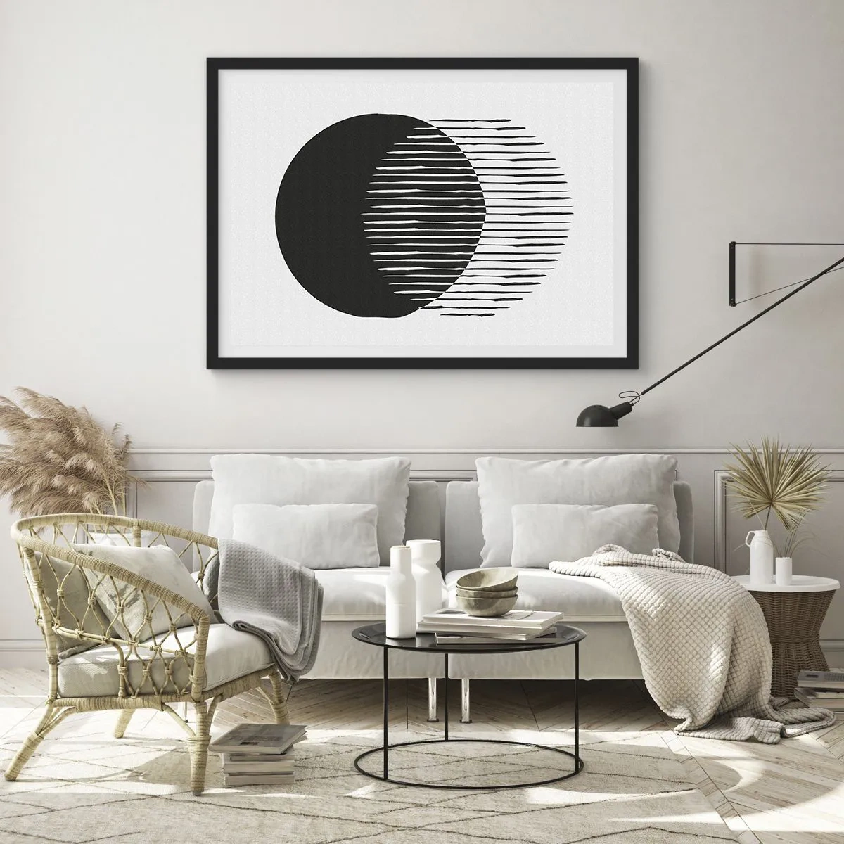 Affiche dans un cadre noir - Poster - Deux cercles superposés avec des lignes noires et blanches - 70x50cm - Son alter ego - Décoration murale moderne pour le salon et la chambre ARTTOR