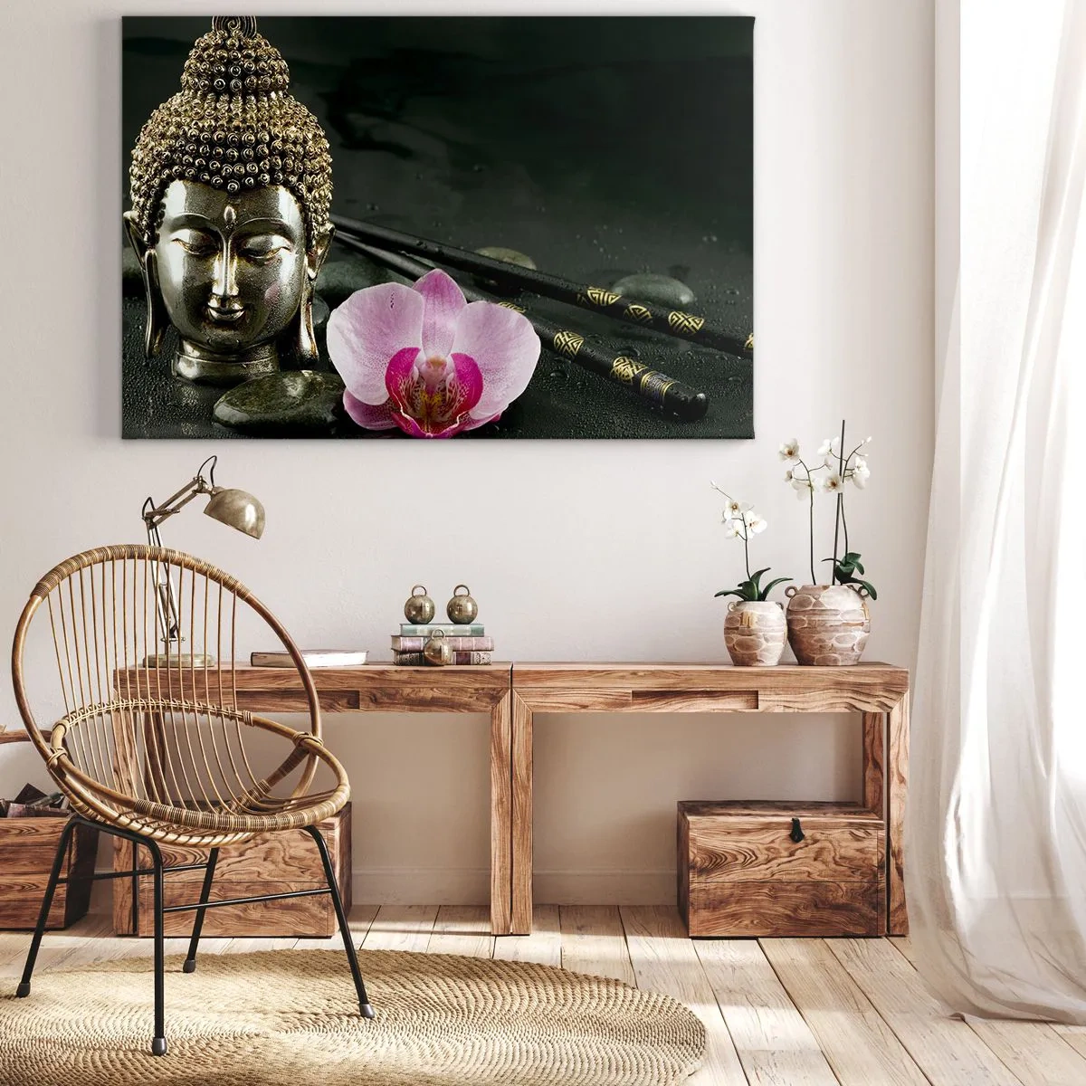 Impression sur toile - Image sur toile - Une statuette de Bouddha avec une orchidée et des baguettes sur un fond de pierres - 70x50cm - Harmonie de la sagesse et de la beauté - Décoration murale moderne pour le salon et la chambre ARTTOR