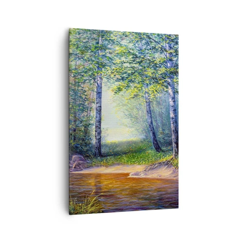 Impression sur toile - Image sur toile - Un ruisseau forestier entouré de bouleaux et de soleil - 80x120cm - Paysage idyllique - Décoration murale moderne pour le salon et la chambre ARTTOR